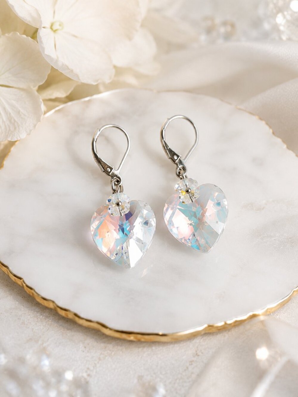 Handmade 925 Sterling Silver AB Crystal Heart Dangle Leverback Earrings